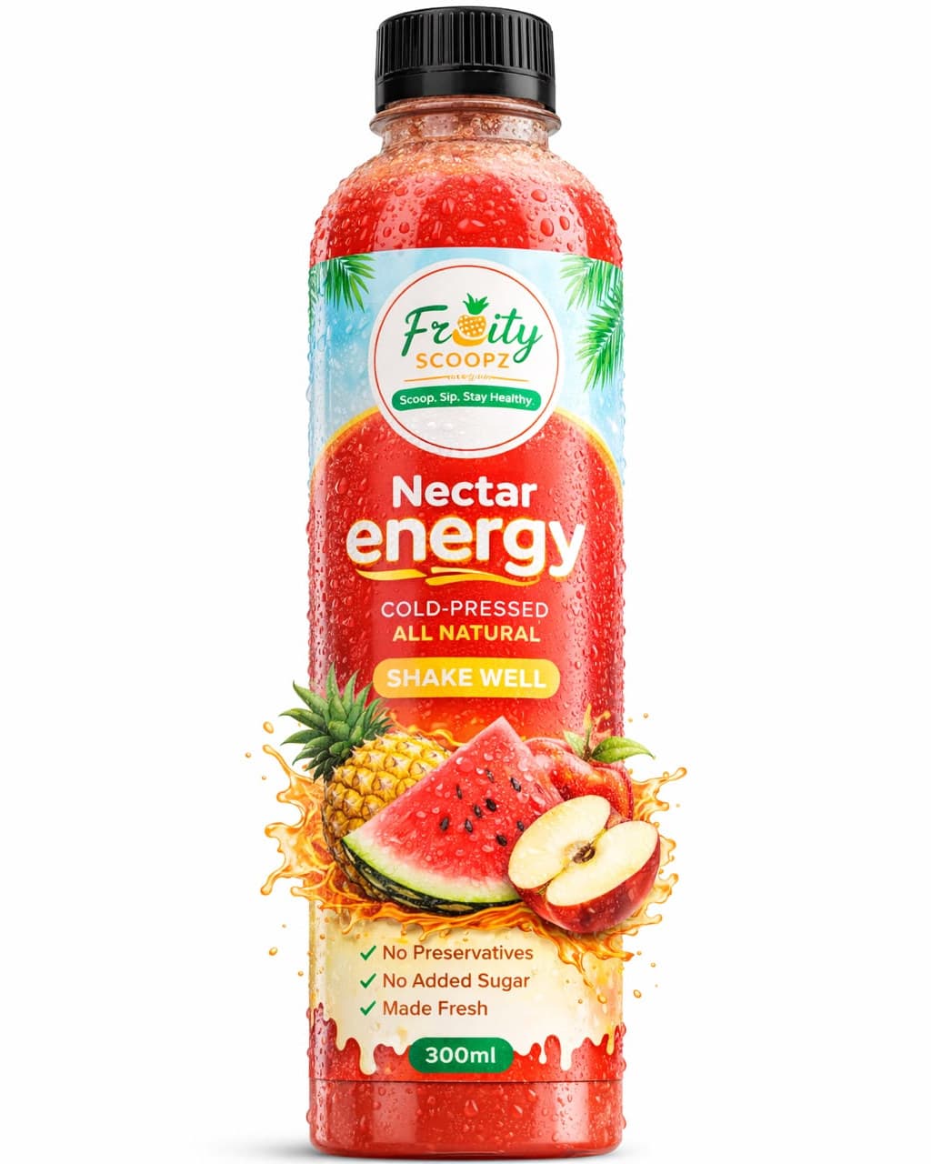 A bottle of Nectar Energy cold-pressed juice with watermelon, pineapple and apple